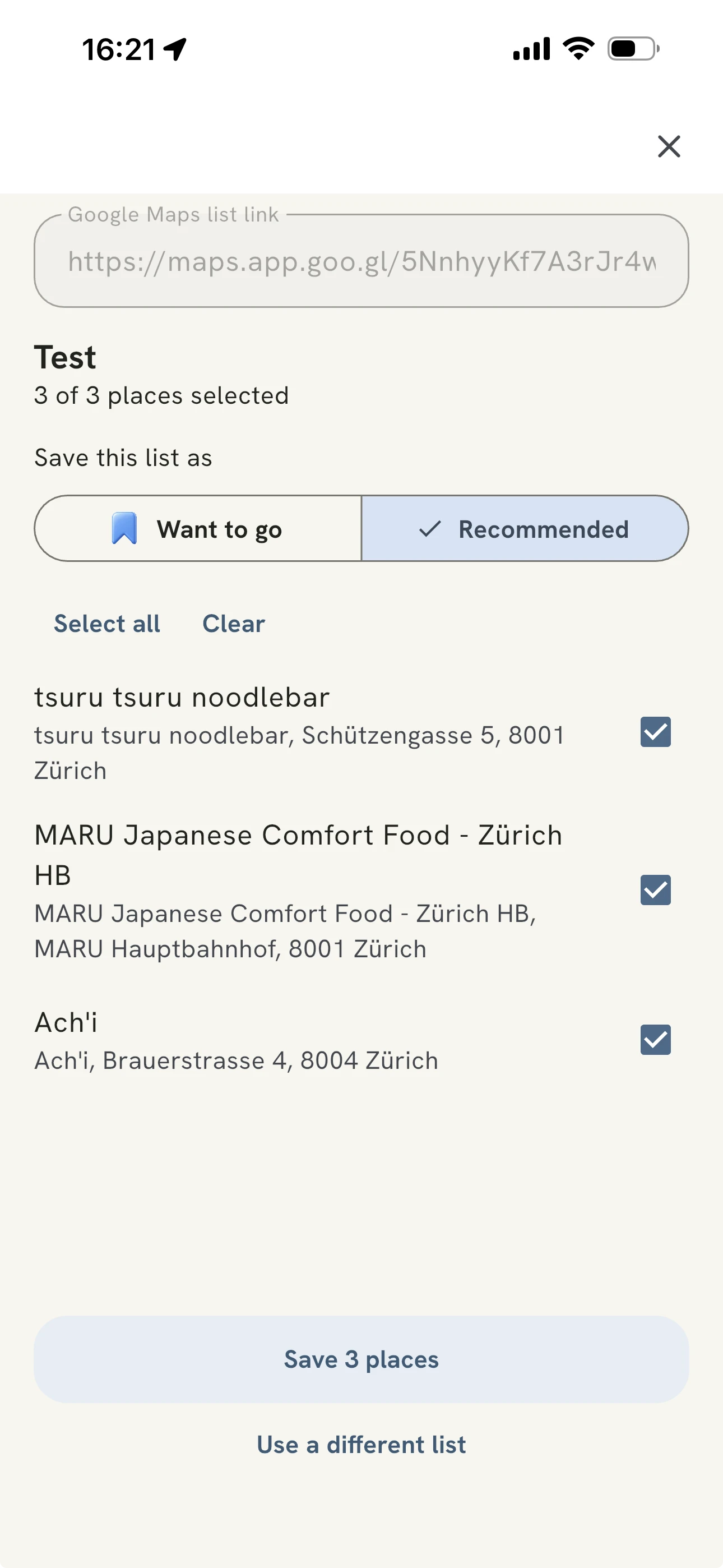 YouKnow Google Maps list import: paste a list link, select or deselect places, choose Want to go or Recommended, and save your selection.