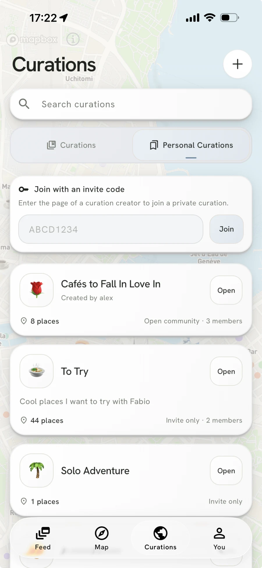 YouKnow Curations screen showing personal collections of places and an option to join a private curation with an invite code.