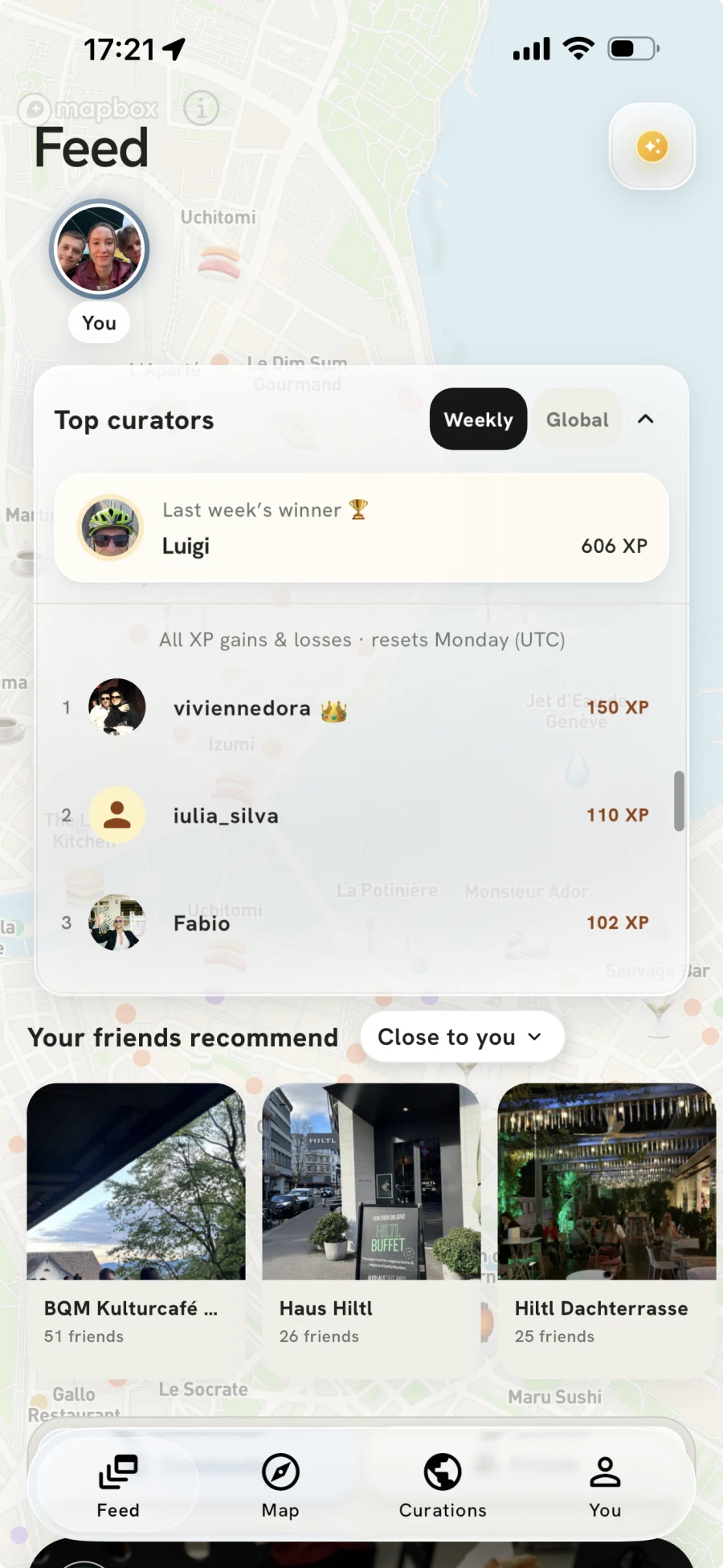 YouKnow community feed with top curators and recommendations from friends.