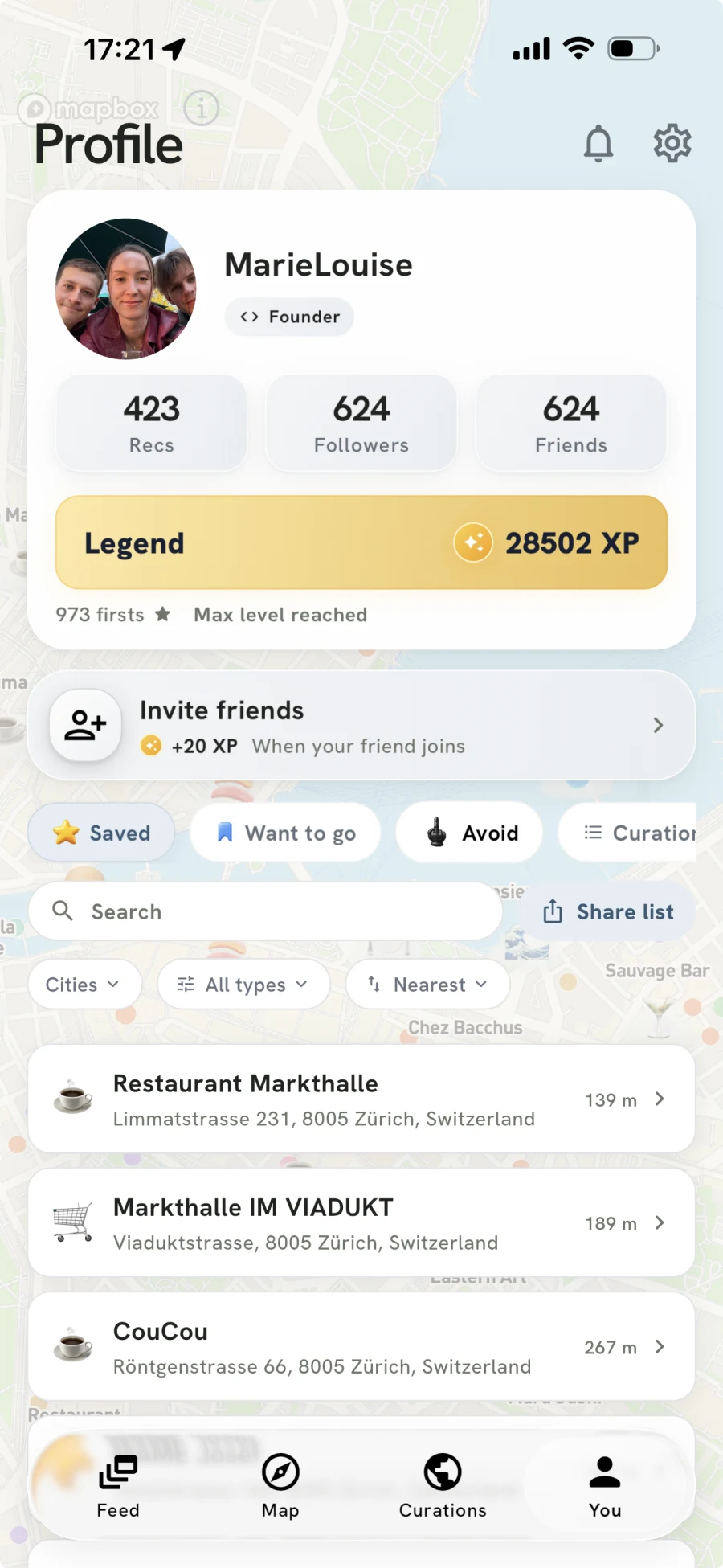 YouKnow profile showing saved places, want-to-go lists and filters for city, category and distance.